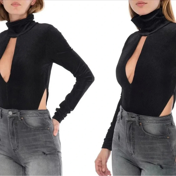 AFRM Black Ribbed Cut-Out Velvet Bodysuit - Picture 1 of 10